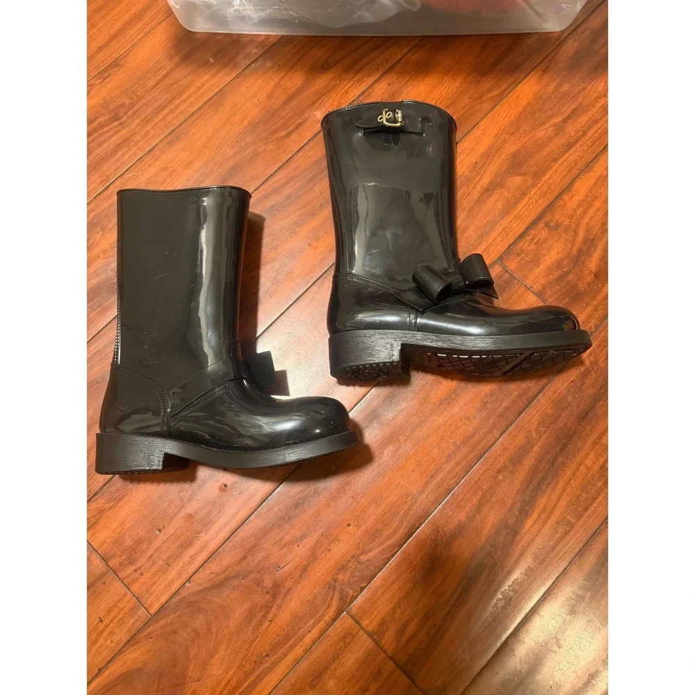 RED Valentino Black Patent Bow Rain Boots Mid Calf Buckle EU 37